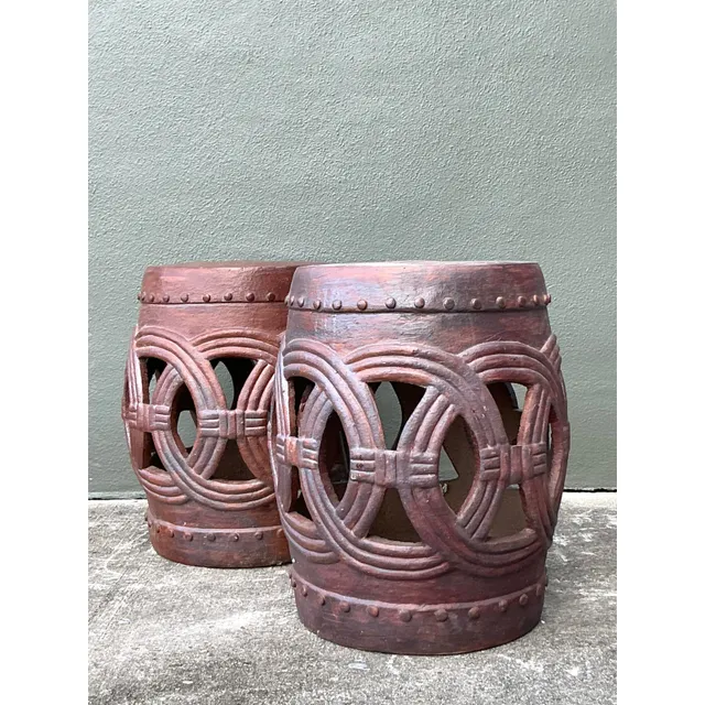 Vintage Boho Glazed Ceramic Rings Low Stools - A Pair — additional photo 4