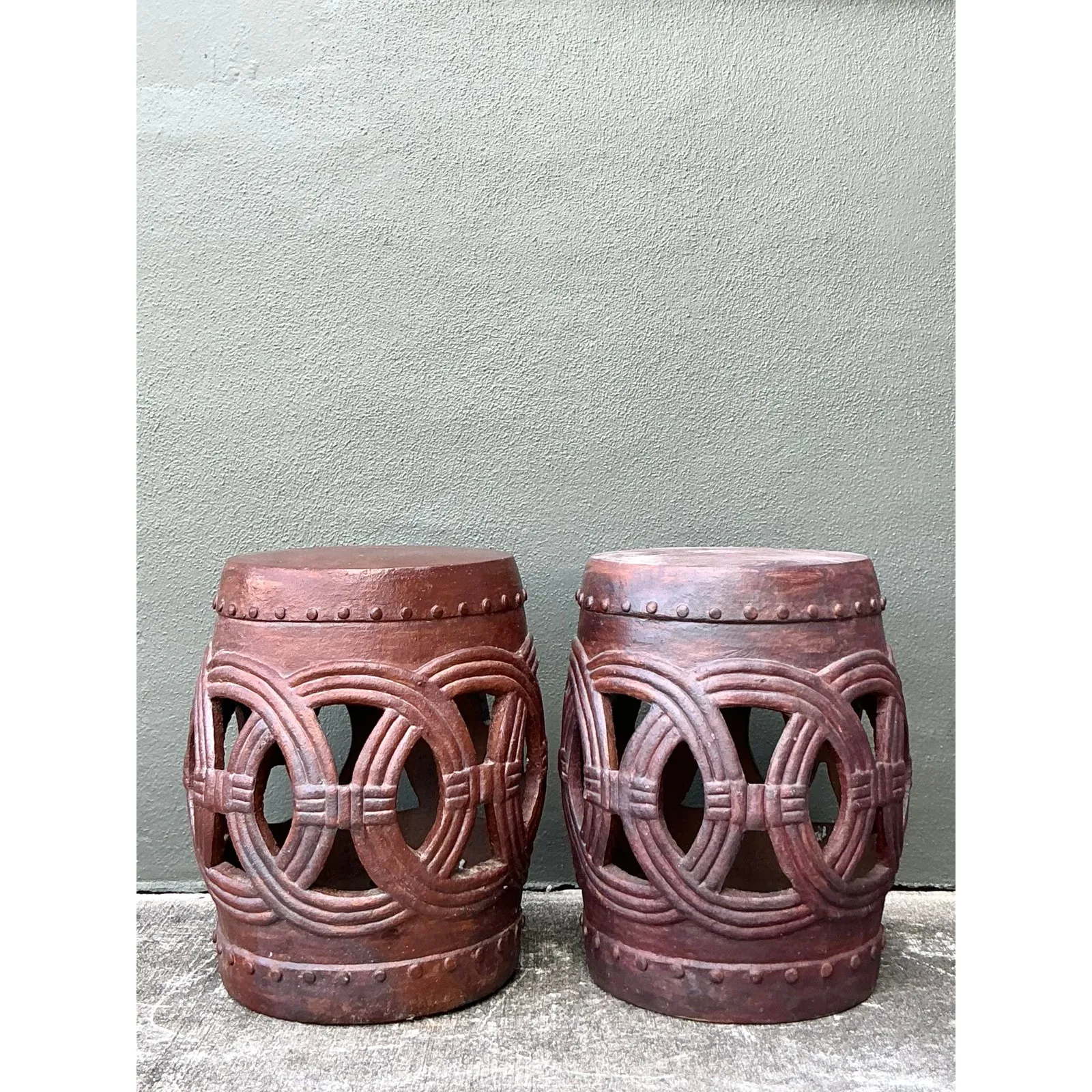 Vintage Boho Glazed Ceramic Rings Low Stools - A Pair — additional photo 5