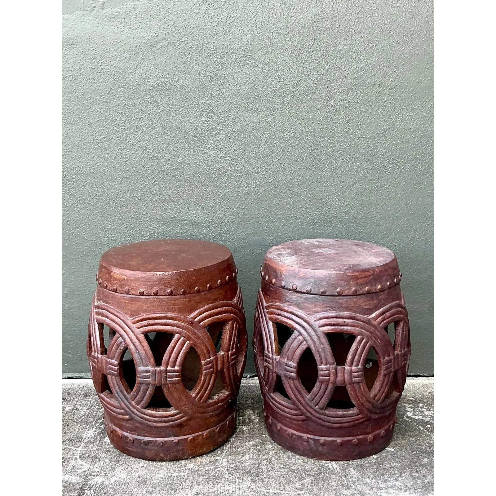 Vintage Boho Glazed Ceramic Rings Low Stools - A Pair — additional photo 6