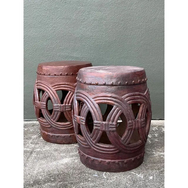 Vintage Boho Glazed Ceramic Rings Low Stools - A Pair — additional photo 7