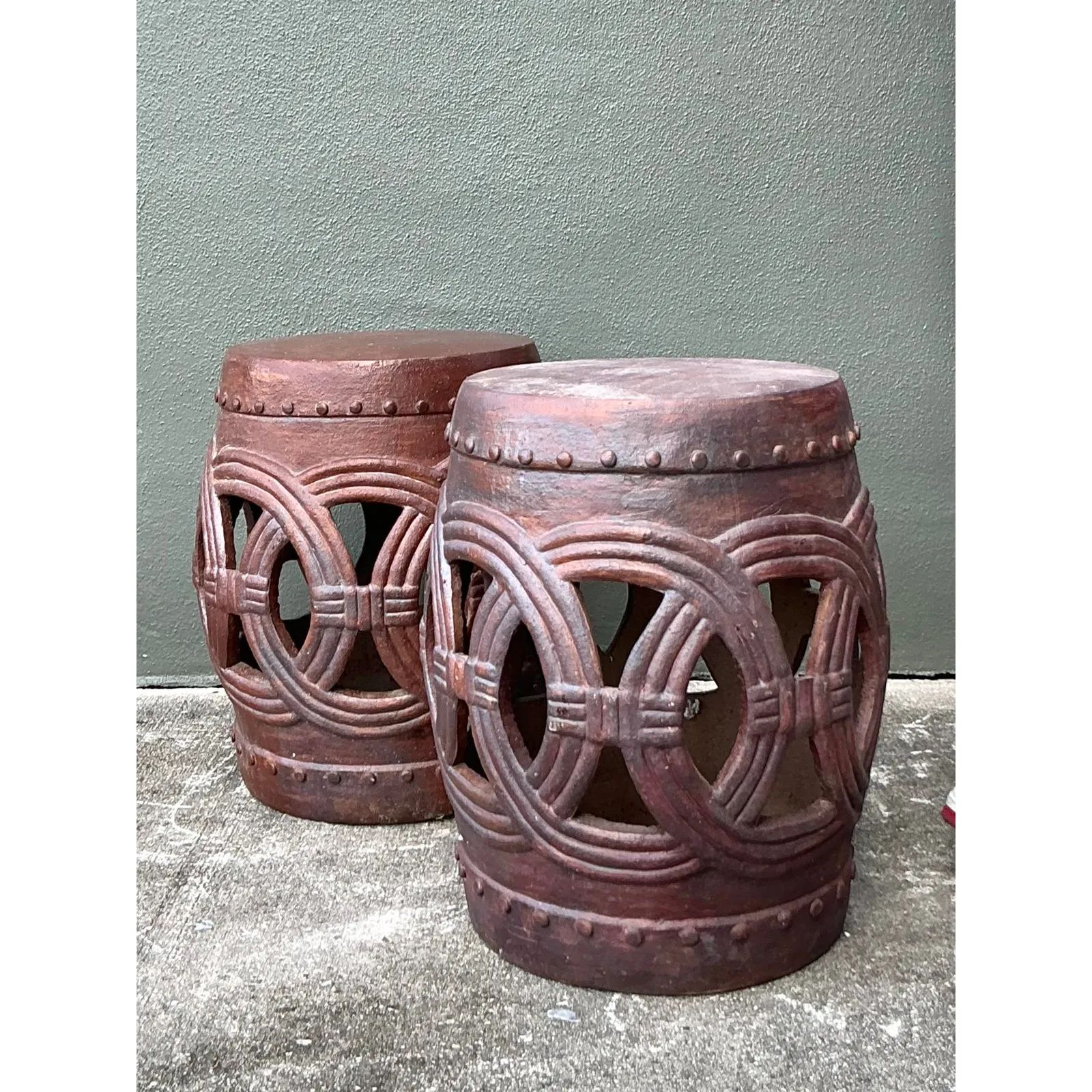 Vintage Boho Glazed Ceramic Rings Low Stools - A Pair — additional photo 8