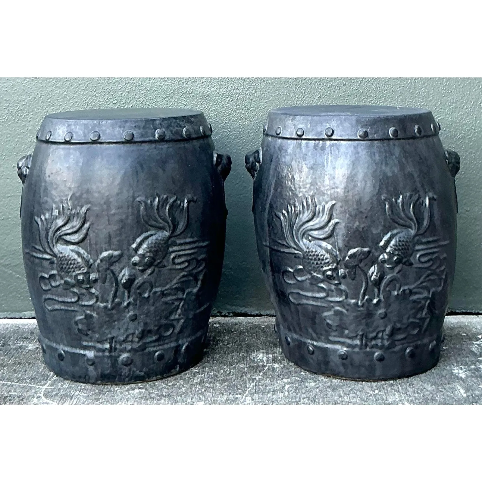 Vintage Chinese Ceramic Garden Stools with Goldfish Relief Design - A Pair — additional photo 2