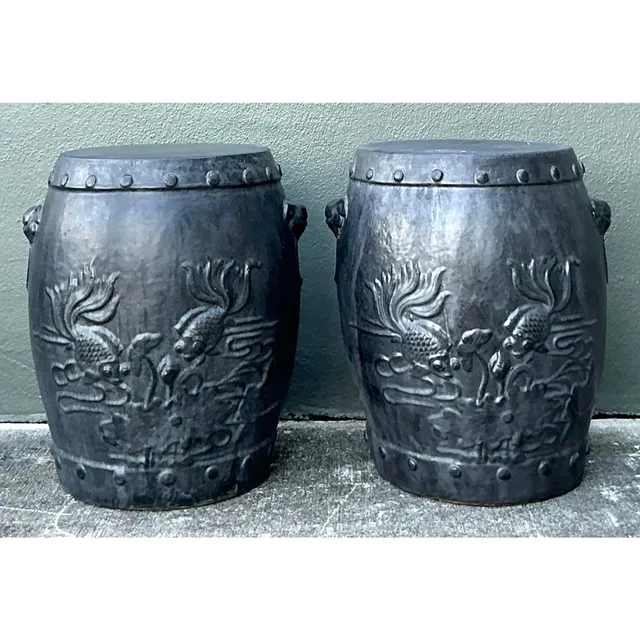 Vintage Chinese Ceramic Garden Stools with Goldfish Relief Design - A Pair — additional photo 2