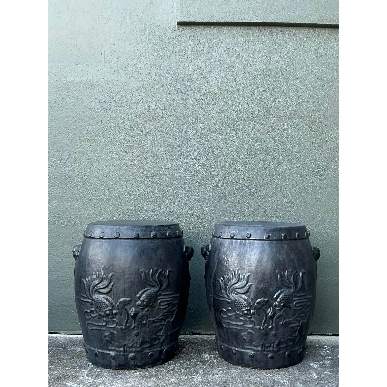Vintage Chinese Ceramic Garden Stools with Goldfish Relief Design - A Pair — additional photo 4