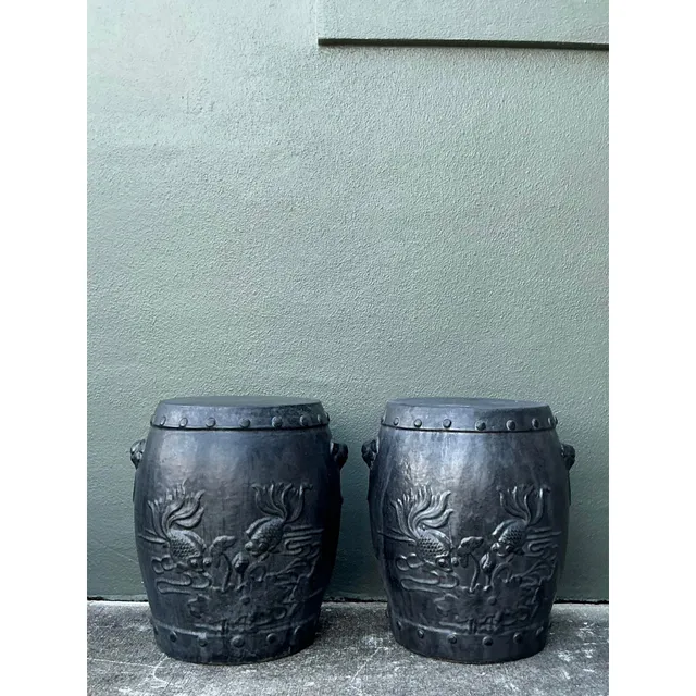 Vintage Chinese Ceramic Garden Stools with Goldfish Relief Design - A Pair — additional photo 4