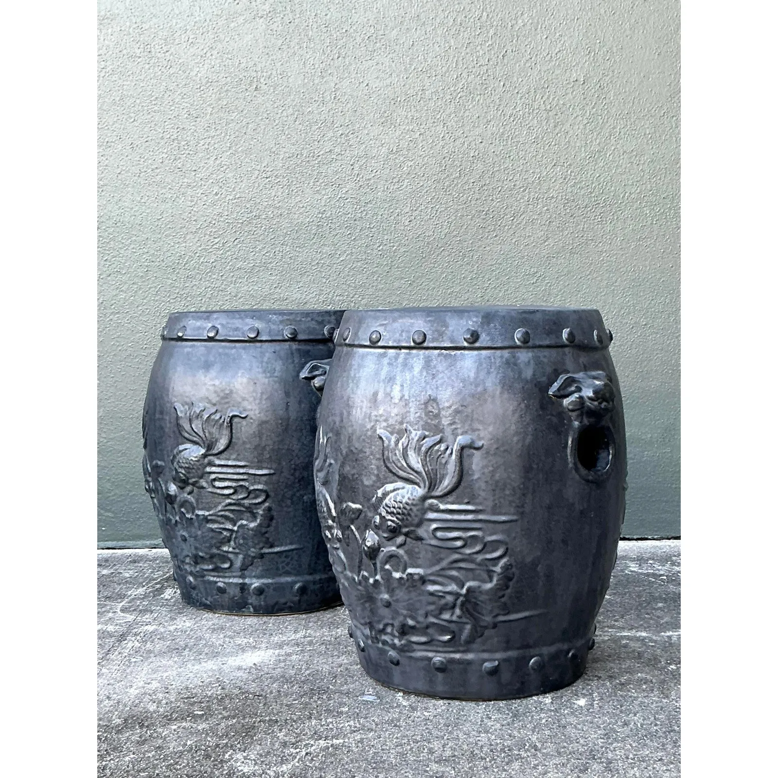 Vintage Chinese Ceramic Garden Stools with Goldfish Relief Design - A Pair — additional photo 5