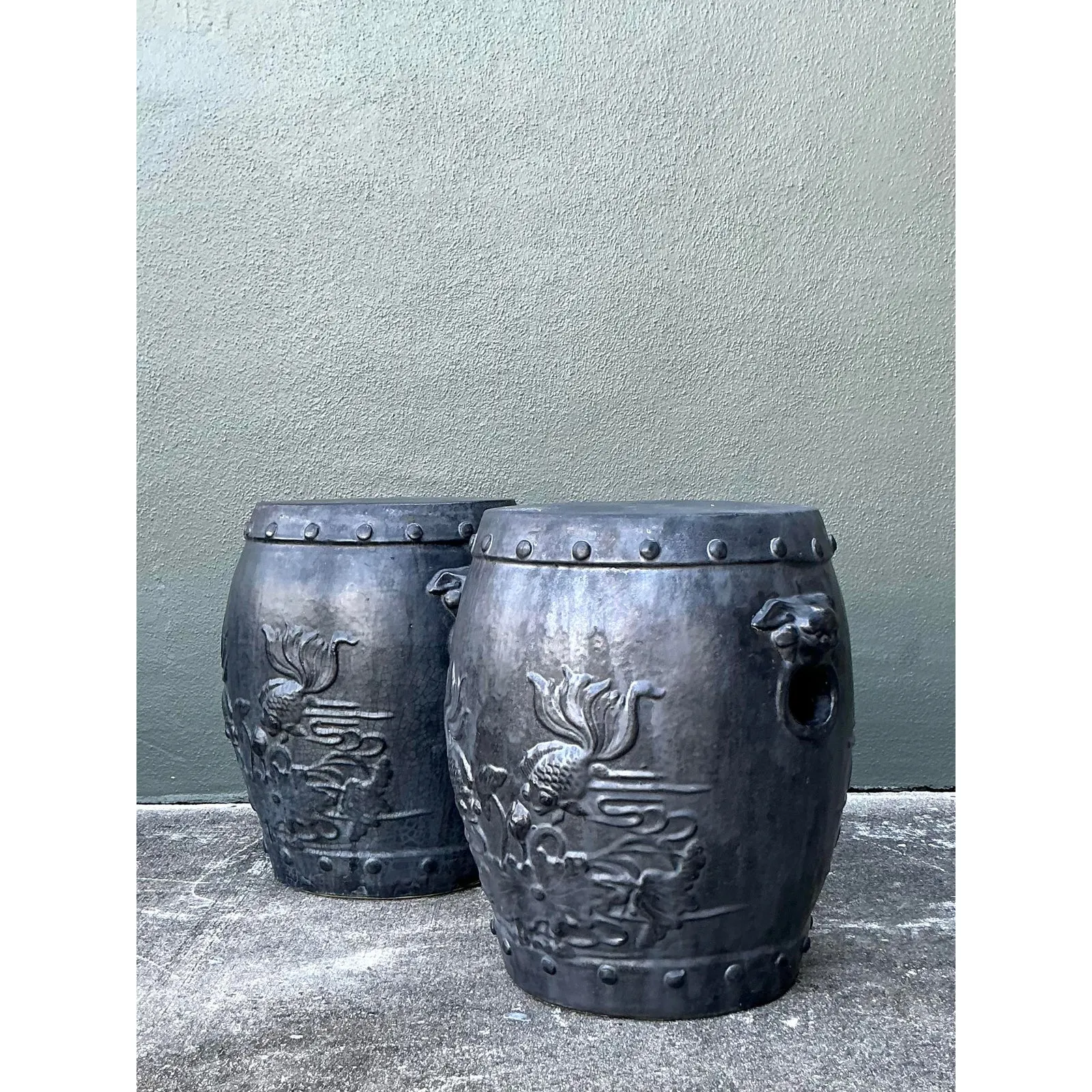 Vintage Chinese Ceramic Garden Stools with Goldfish Relief Design - A Pair — additional photo 6