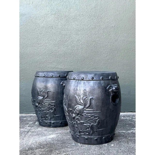 Vintage Chinese Ceramic Garden Stools with Goldfish Relief Design - A Pair — additional photo 6