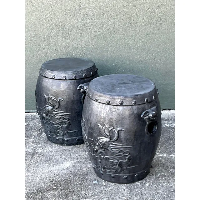 Vintage Chinese Ceramic Garden Stools with Goldfish Relief Design - A Pair — additional photo 7