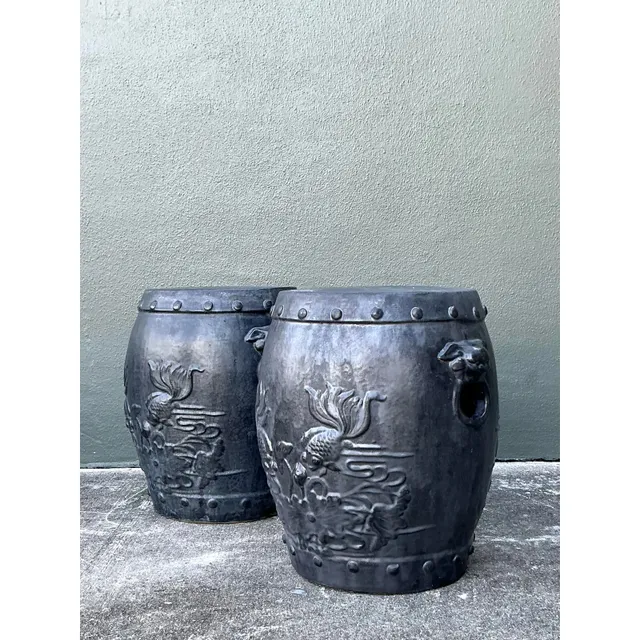 Vintage Chinese Ceramic Garden Stools with Goldfish Relief Design - A Pair — additional photo 8