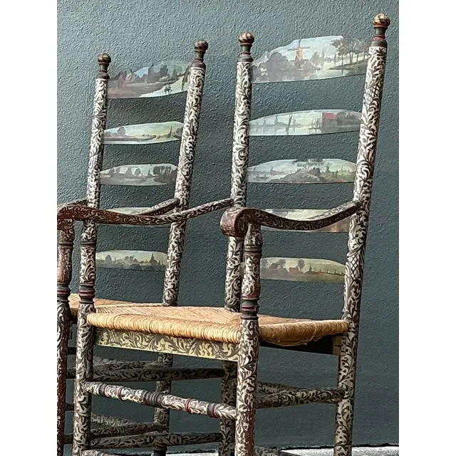 Vintage Boho Hand Painted Pastoral Ladder Back Chairs - A Pair — additional photo 3
