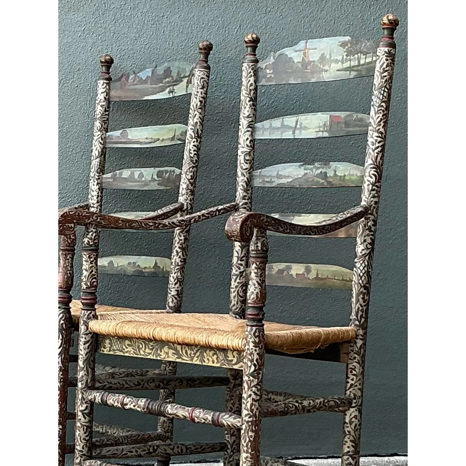 Vintage Boho Hand Painted Pastoral Ladder Back Chairs - A Pair — additional photo 2