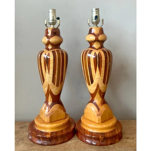 Vintage Boho Marquetry Wood Lamps - A Pair — additional photo 1