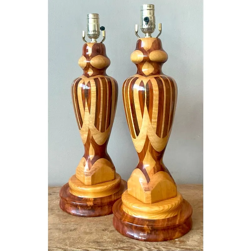 Vintage Boho Marquetry Wood Lamps - A Pair - Detail view