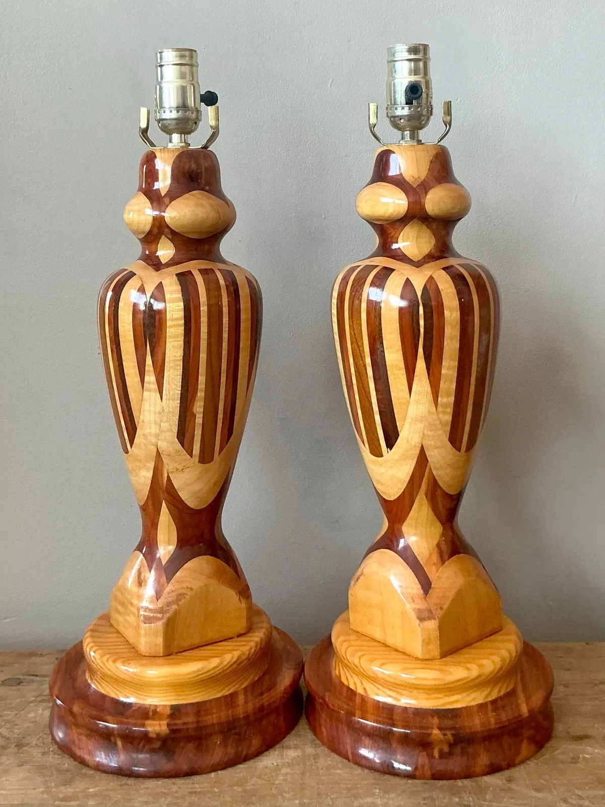 Vintage Boho Marquetry Wood Lamps - A Pair - Side view