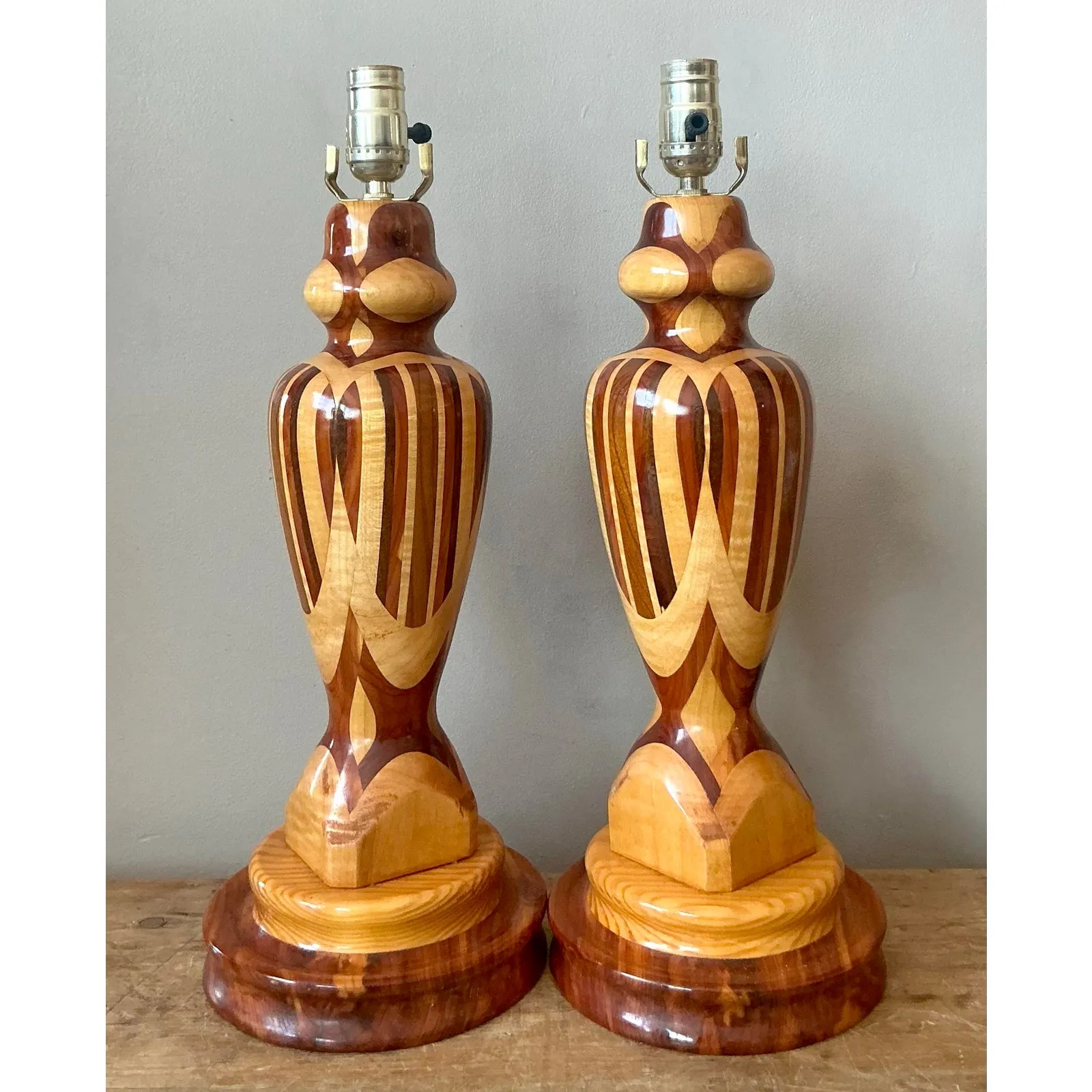 Vintage Boho Marquetry Wood Lamps - A Pair — additional photo 4