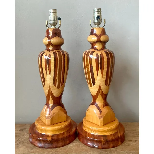 Vintage Boho Marquetry Wood Lamps - A Pair — additional photo 4
