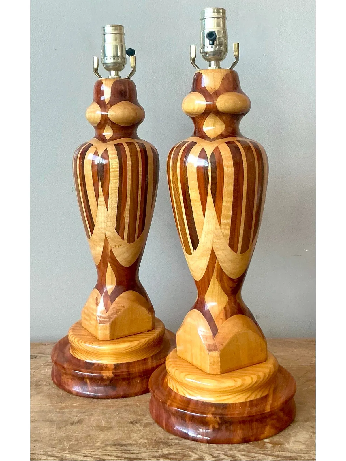 Vintage Boho Marquetry Wood Lamps - A Pair - Top view
