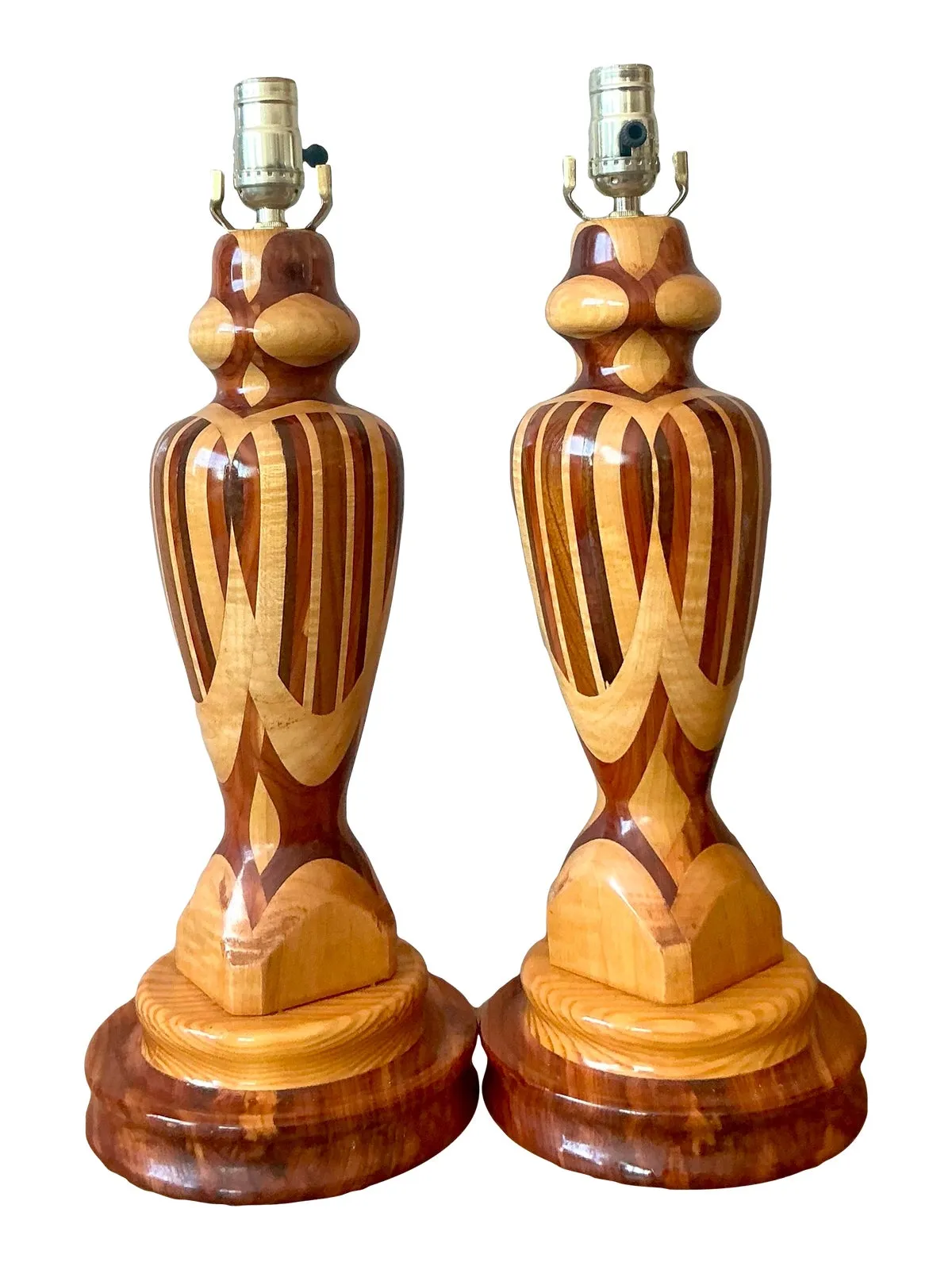 Vintage Boho Marquetry Wood Lamps - A Pair - Bottom view
