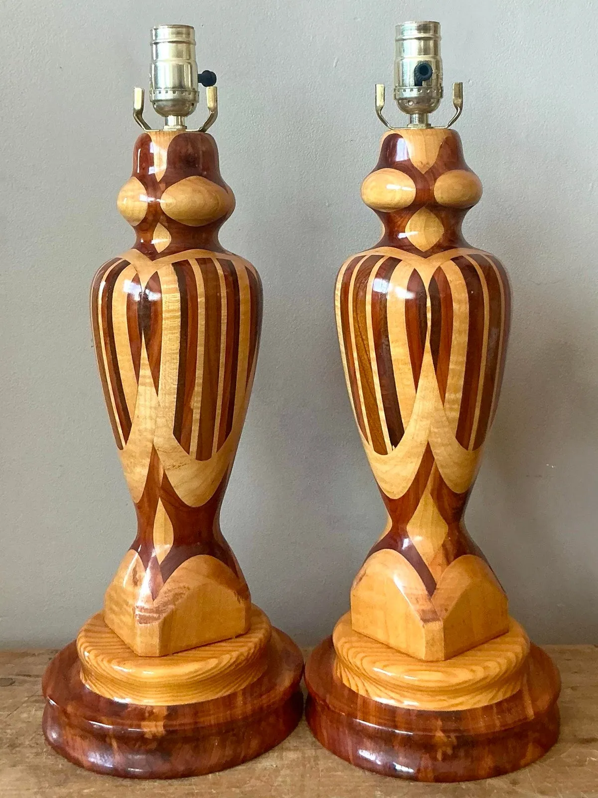 Vintage Boho Marquetry Wood Lamps - A Pair - Angle view