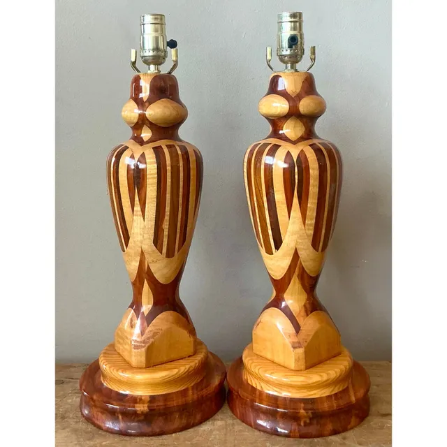 Vintage Boho Marquetry Wood Lamps - A Pair — additional photo 6