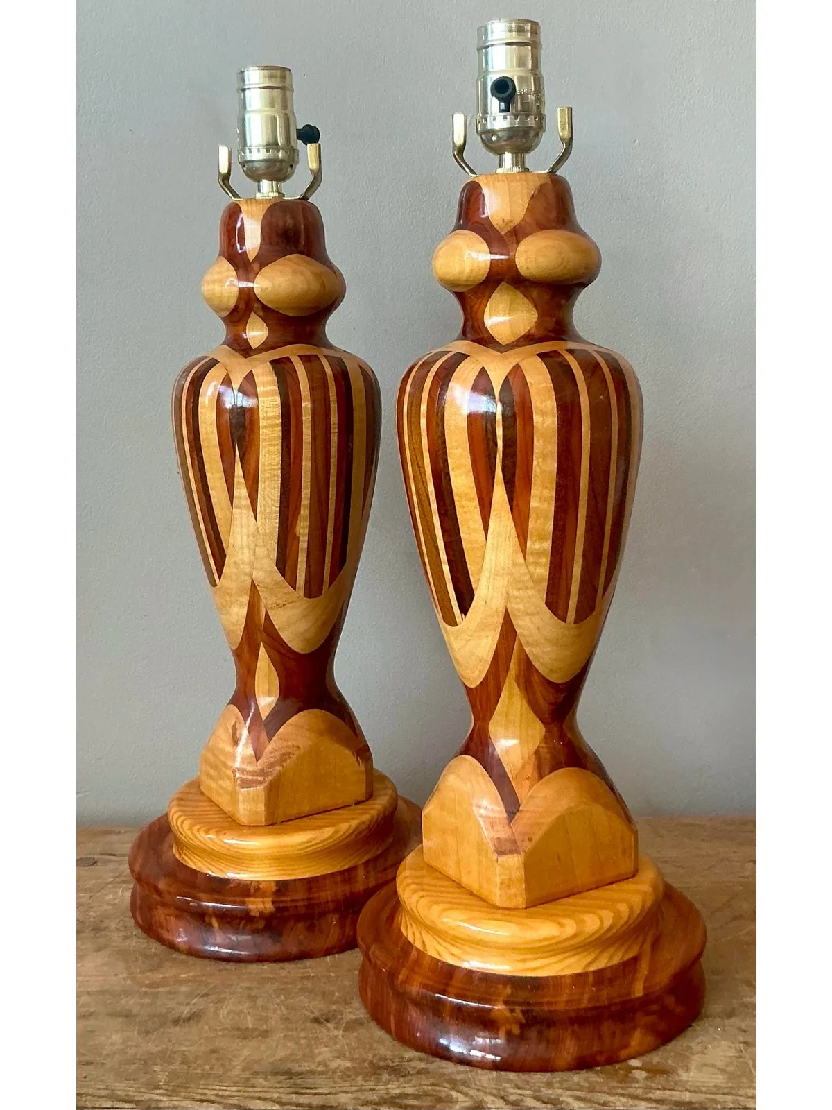Vintage Boho Marquetry Wood Lamps - A Pair - Close-up view