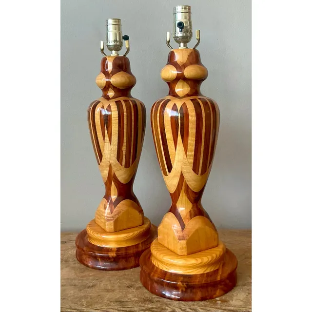 Vintage Boho Marquetry Wood Lamps - A Pair — additional photo 8