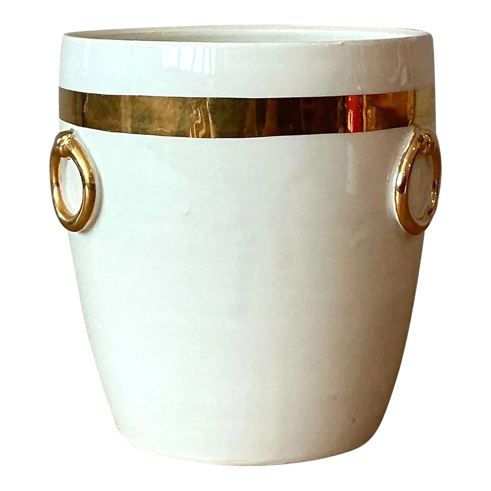 Vintage Boho Italian Glazed Ceramic Gold Rings Cache Pot — additional photo 1