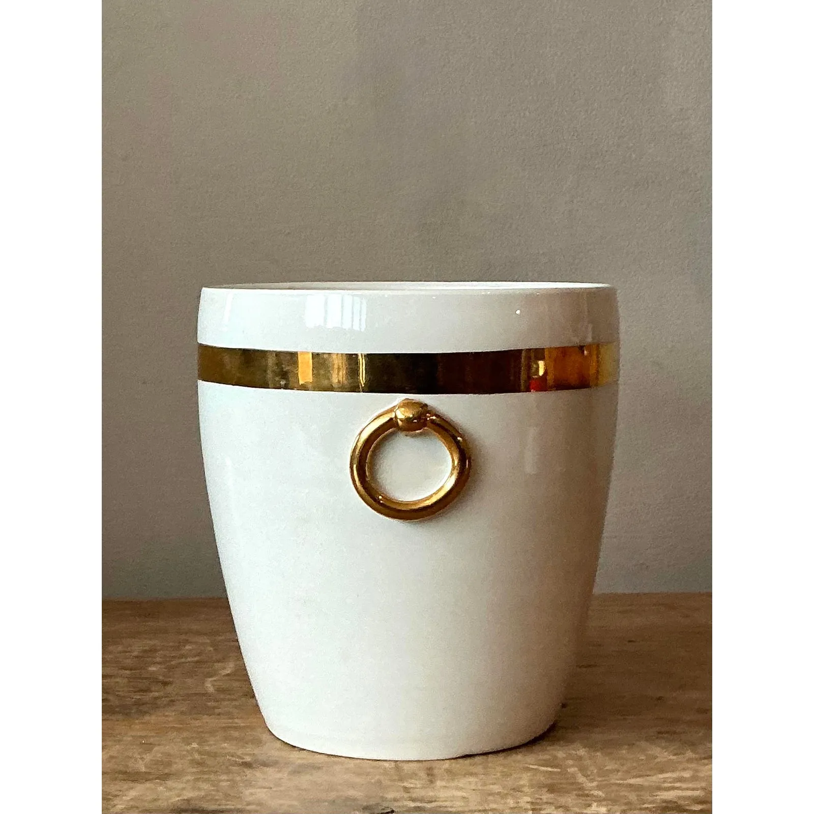 Vintage Boho Italian Glazed Ceramic Gold Rings Cache Pot — additional photo 4