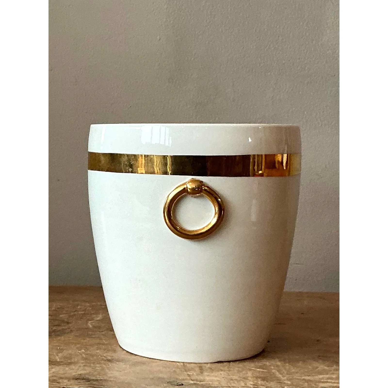 Vintage Boho Italian Glazed Ceramic Gold Rings Cache Pot — additional photo 5