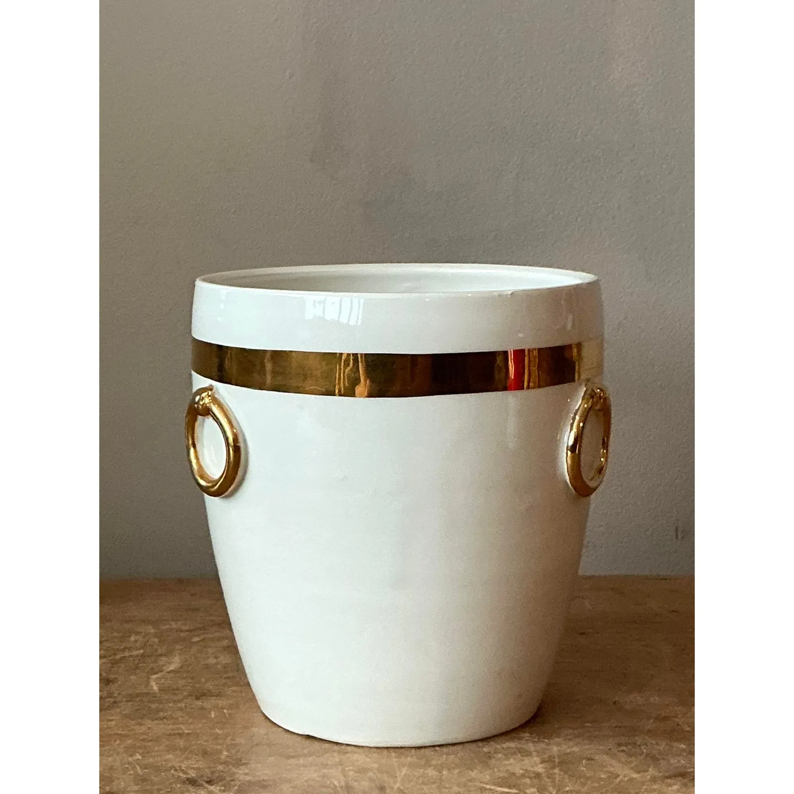 Vintage Boho Italian Glazed Ceramic Gold Rings Cache Pot — additional photo 3