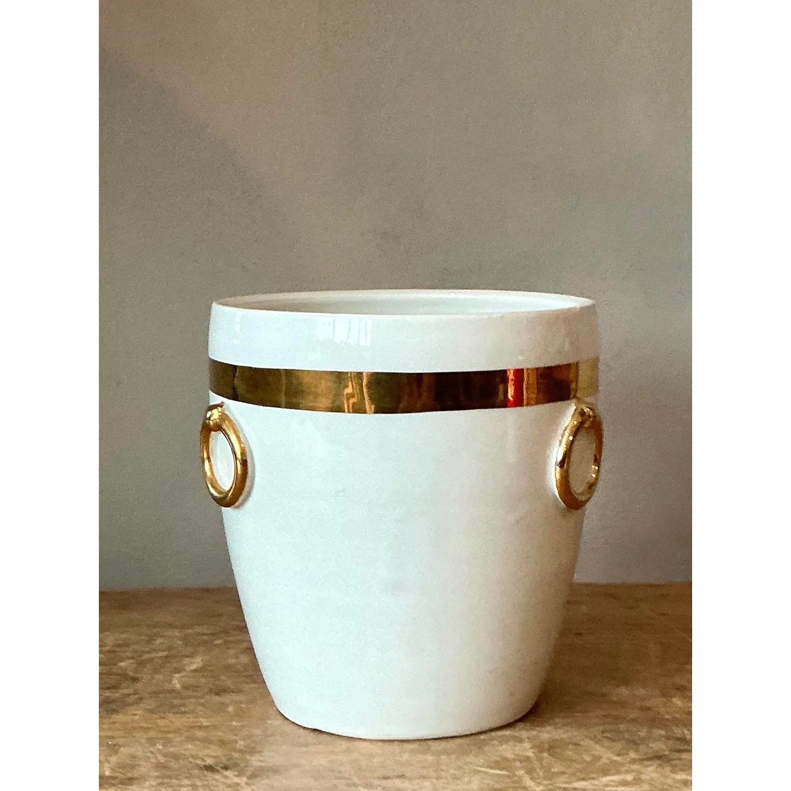 Vintage Boho Italian Glazed Ceramic Gold Rings Cache Pot — additional photo 2