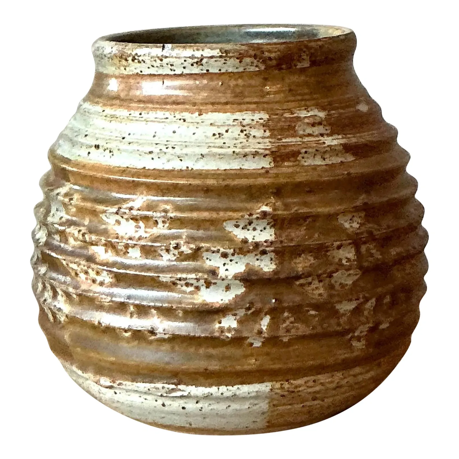Vintage Boho Ribbed Studio Pottery Vase - Ceramic, 5.75W x 6H — additional photo 1