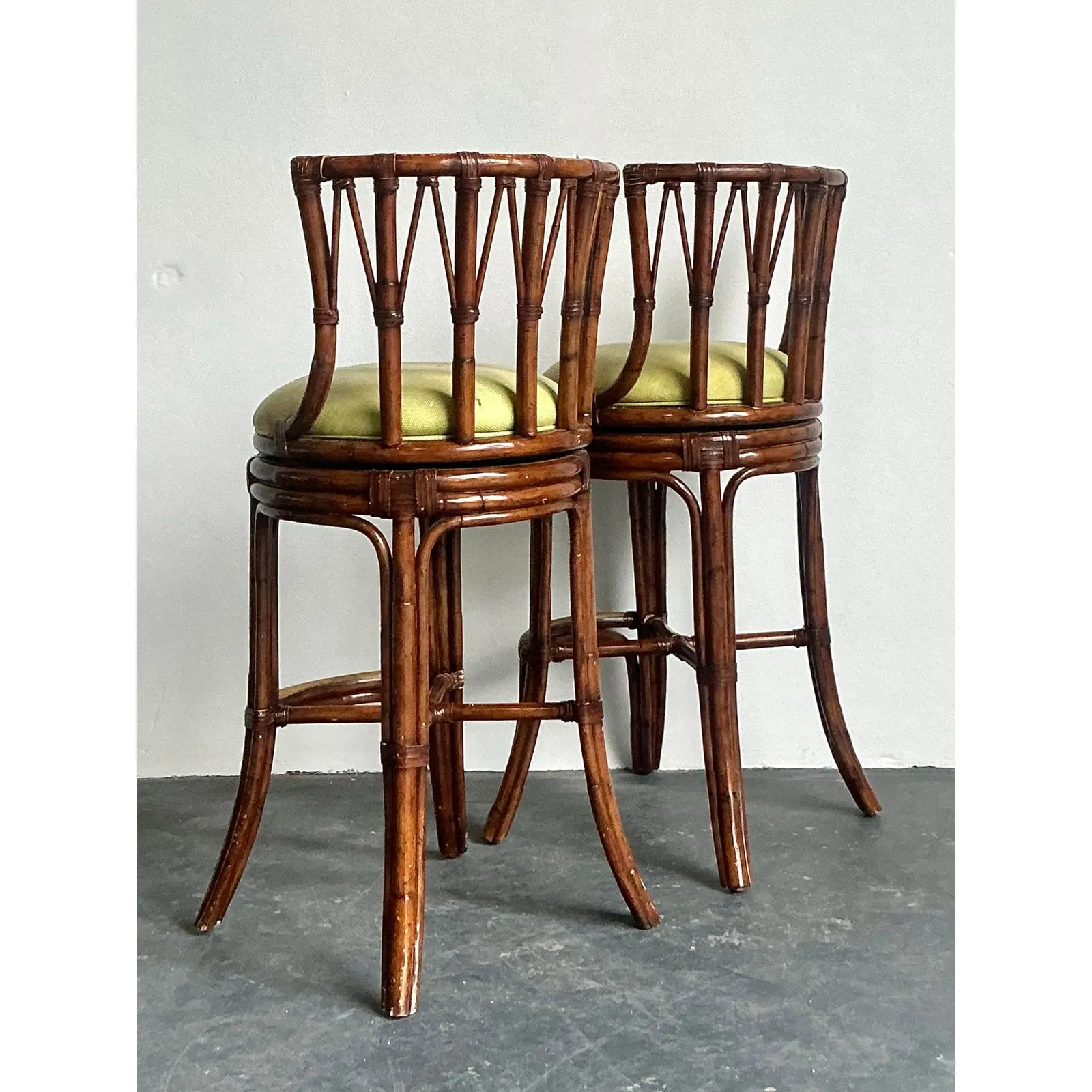 Vintage Boho Bent Rattan Bar Stools - A Pair - Brass, 21.75W x 42.25H — additional photo 4