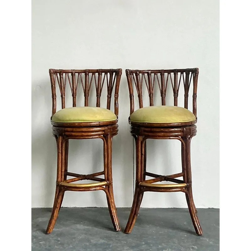 Vintage Boho Bent Rattan Bar Stools - A Pair - Brass, 21.75W x 42.25H — additional photo 2