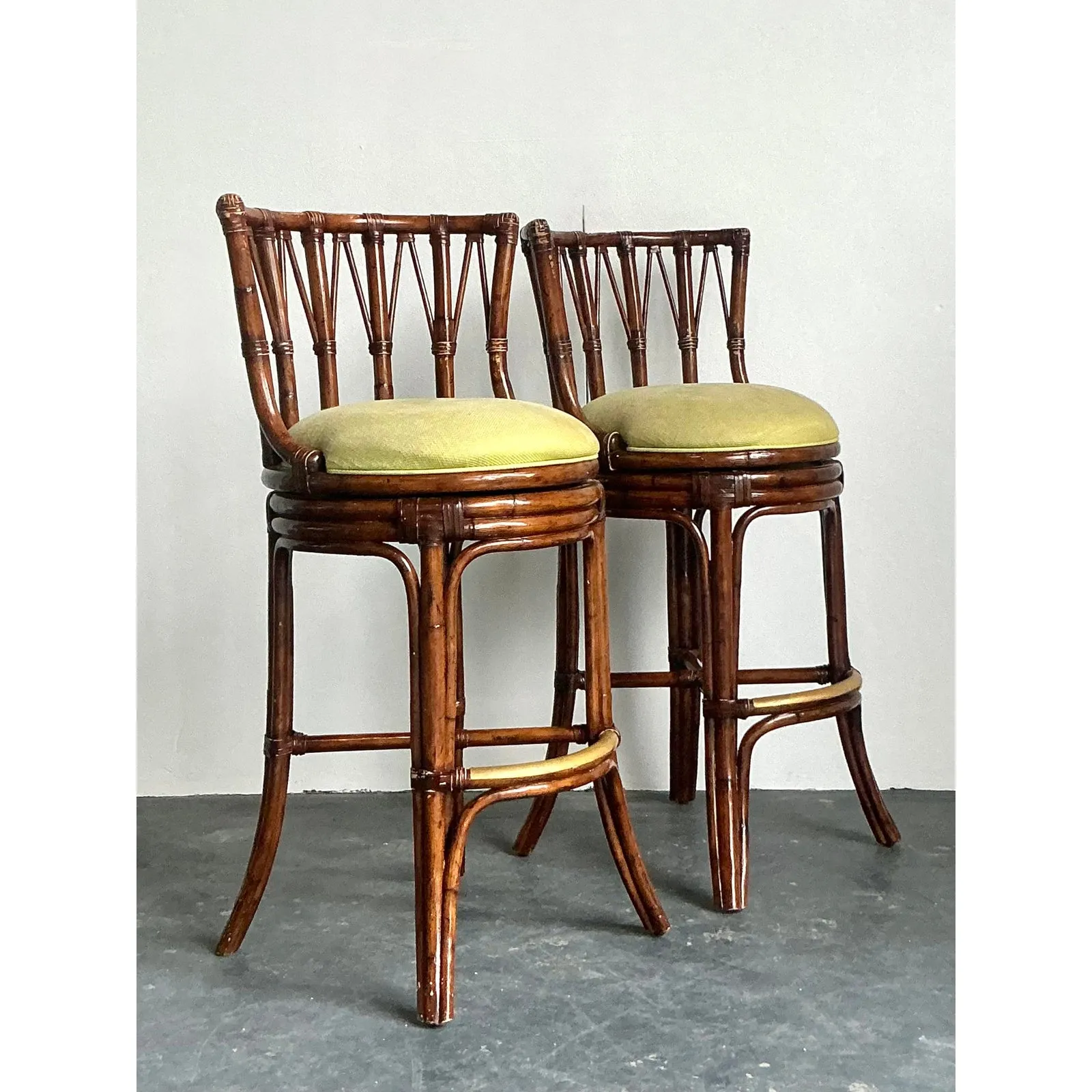 Vintage Boho Bent Rattan Bar Stools - A Pair - Brass, 21.75W x 42.25H