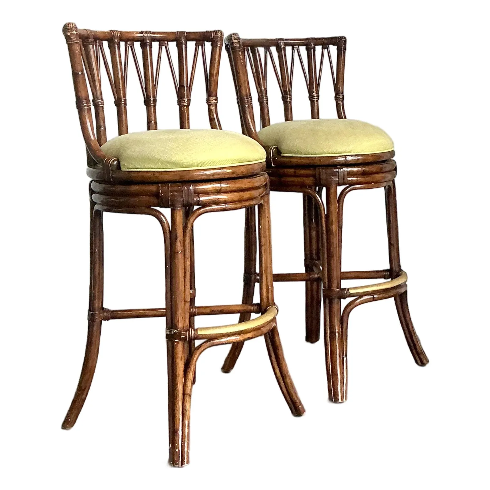 Vintage Boho Bent Rattan Bar Stools - A Pair - Brass, 21.75W x 42.25H — additional photo 8