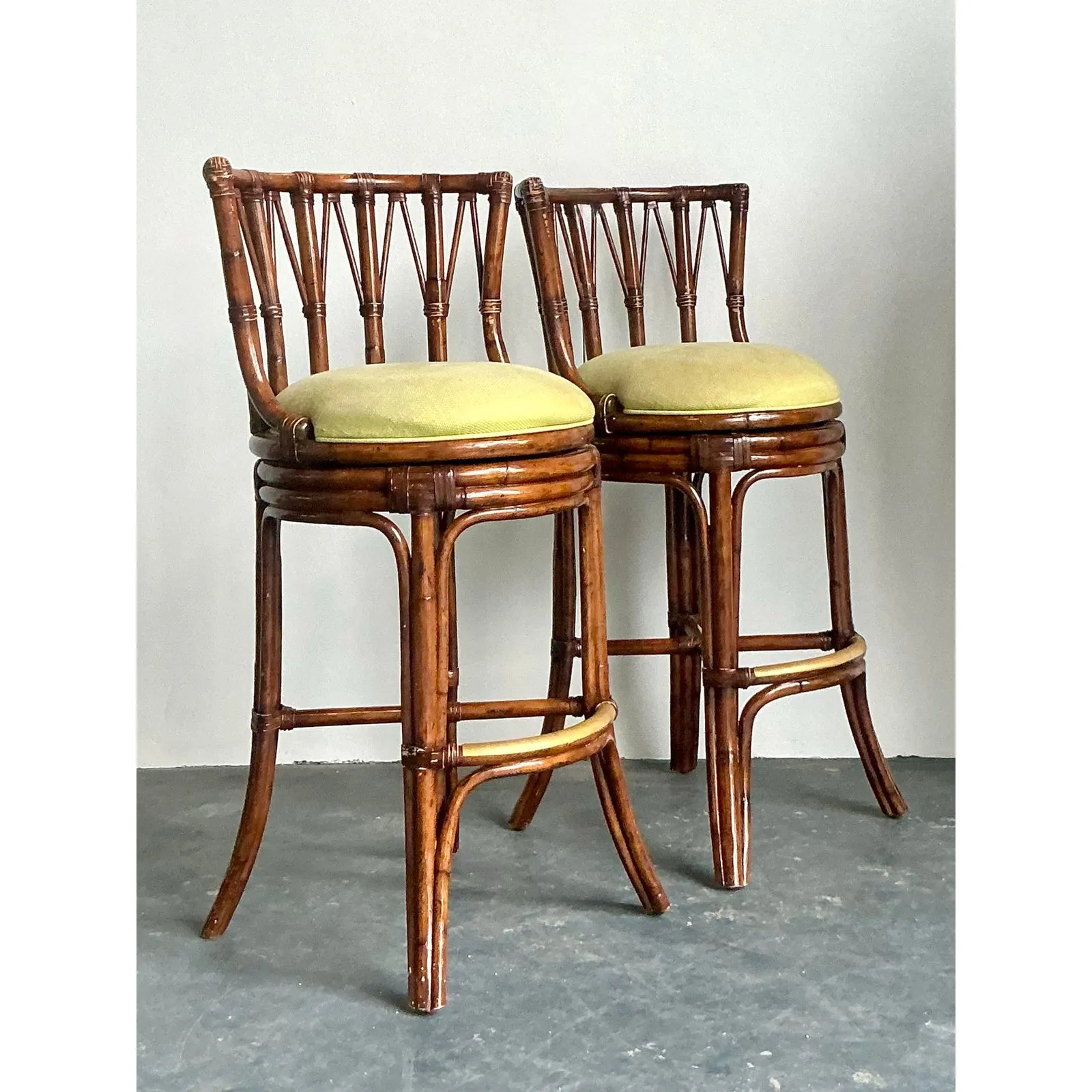 Vintage Boho Bent Rattan Bar Stools - A Pair - Brass, 21.75W x 42.25H — additional photo 6