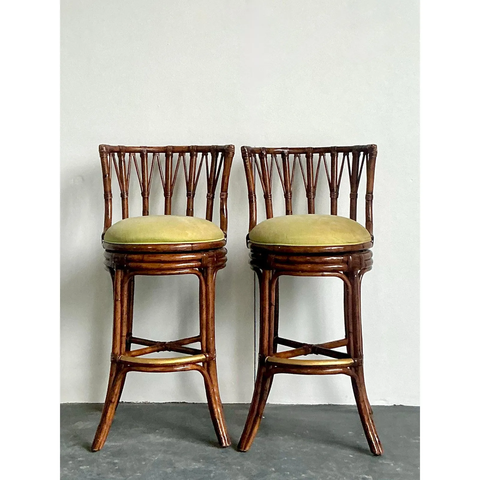Vintage Boho Bent Rattan Bar Stools - A Pair - Brass, 21.75W x 42.25H — additional photo 7