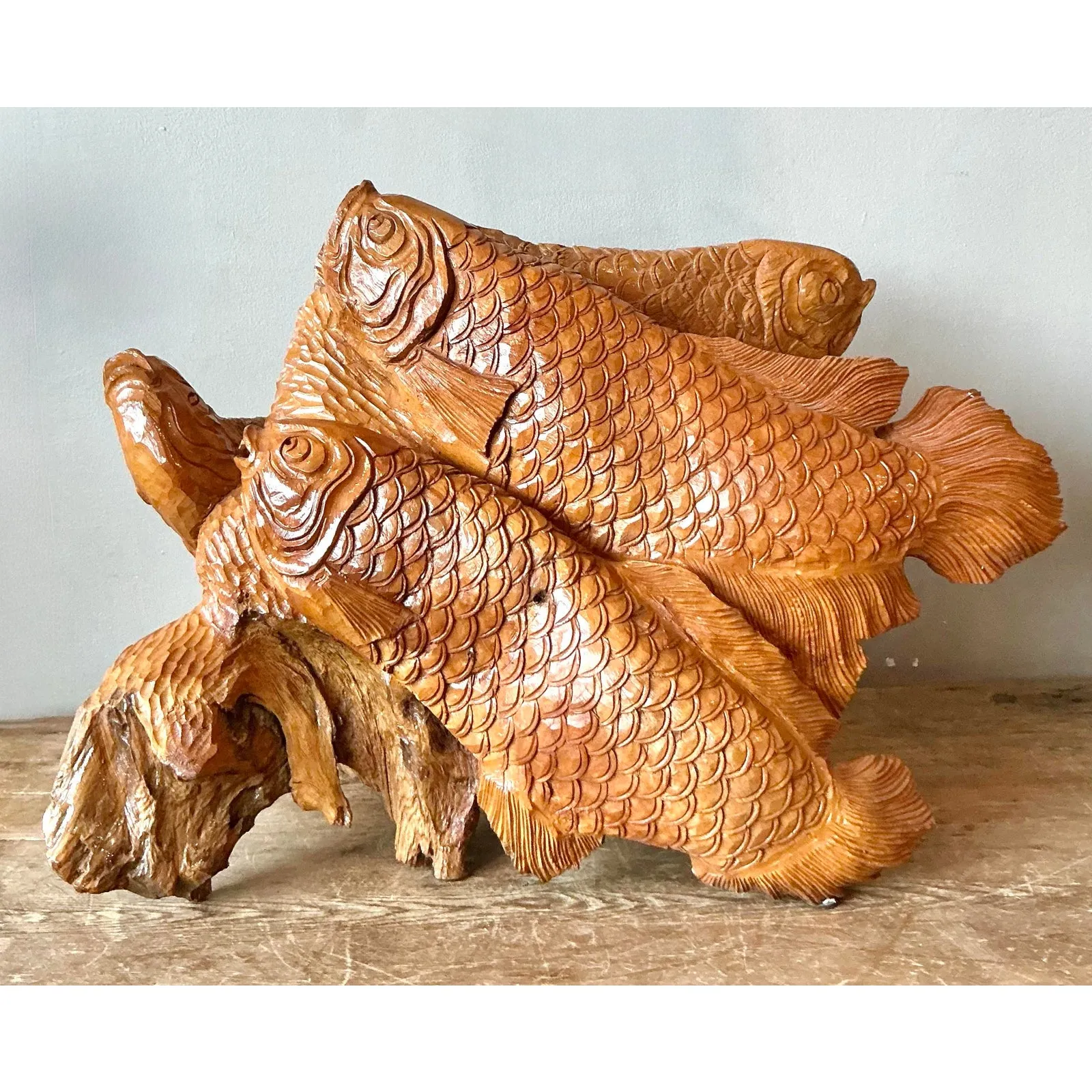 Vintage Boho Carved Trunk Koi Sculpture — additional photo 2