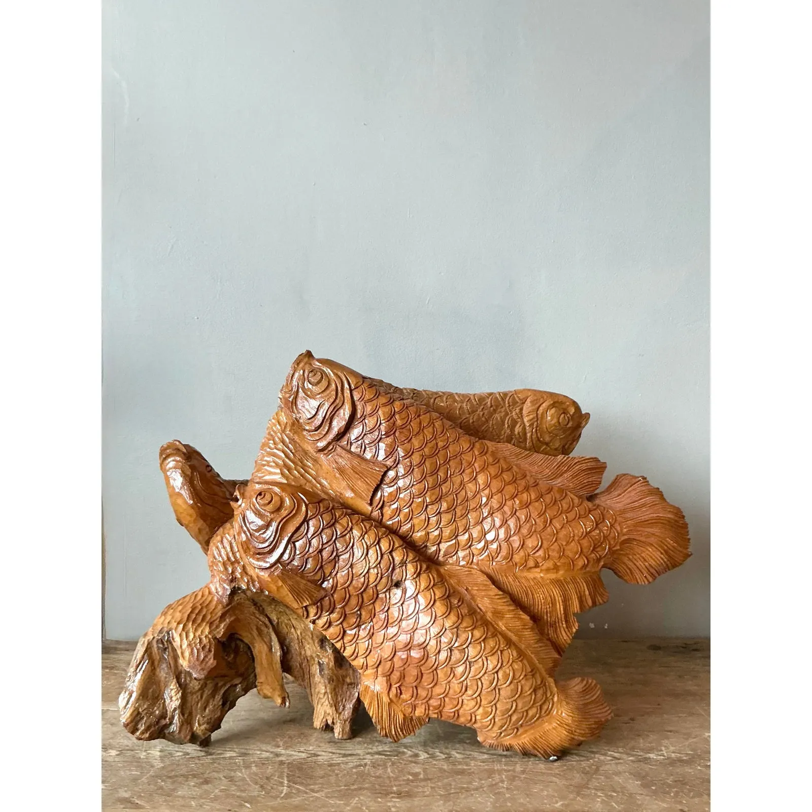Vintage Boho Carved Trunk Koi Sculpture — additional photo 3