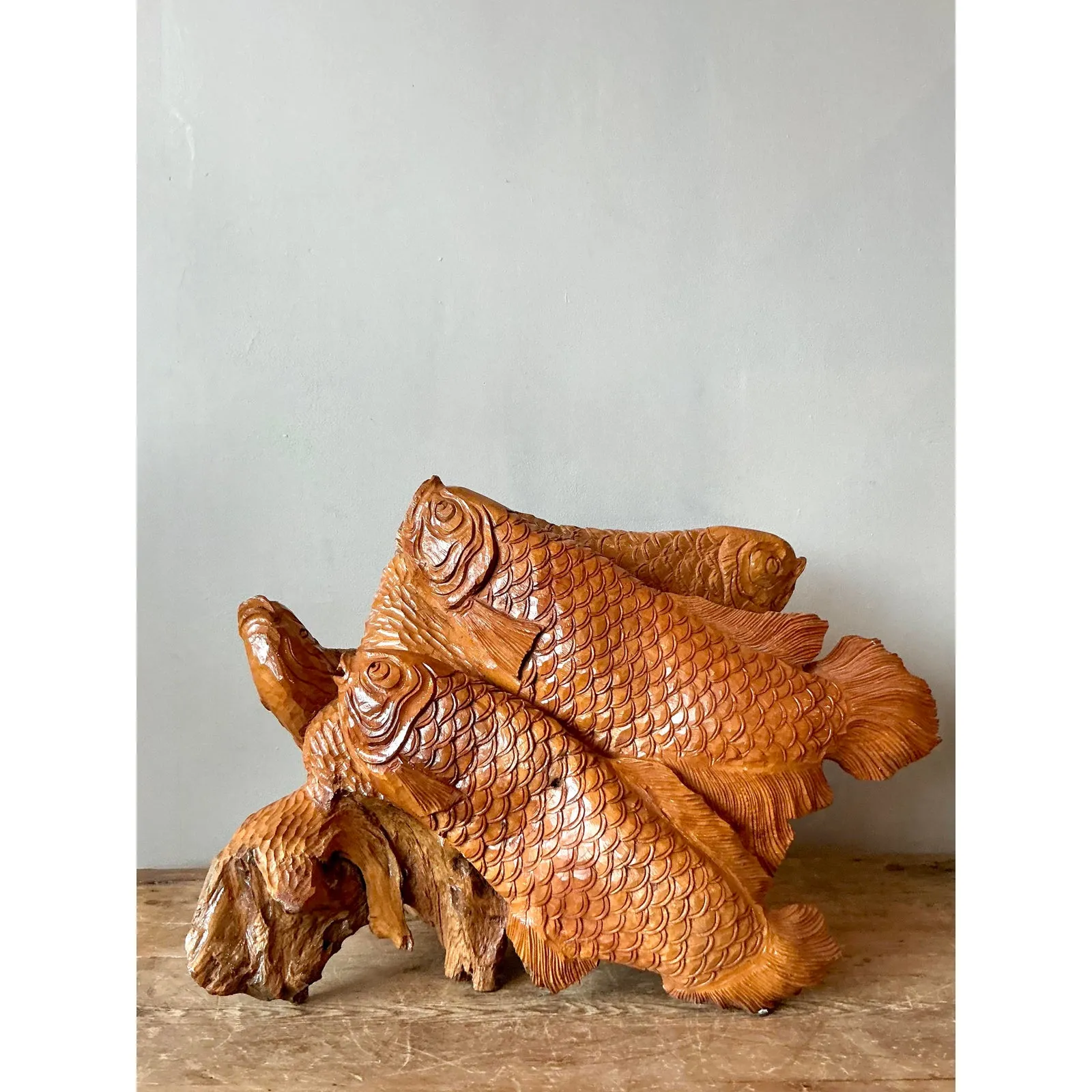 Vintage Boho Carved Trunk Koi Sculpture — additional photo 4