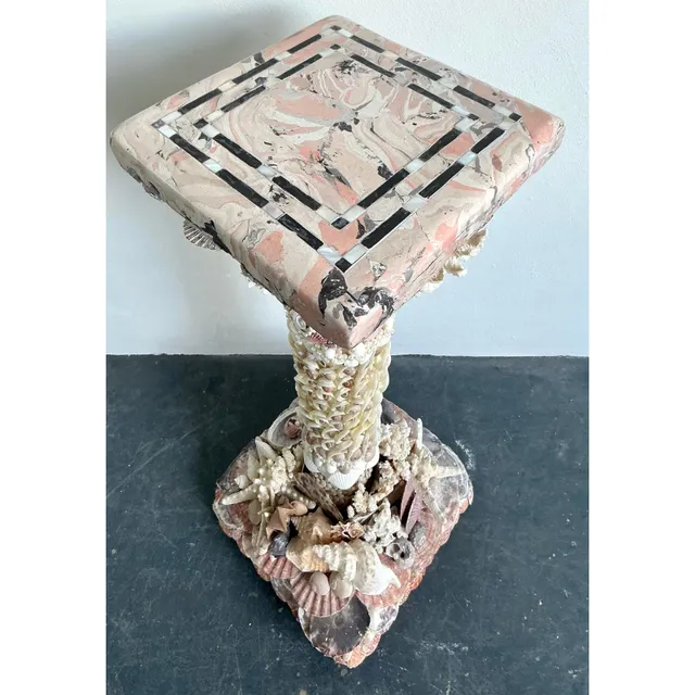 Vintage Coastal Shell Encrusted Pedestal With Scagliola Top — additional photo 3