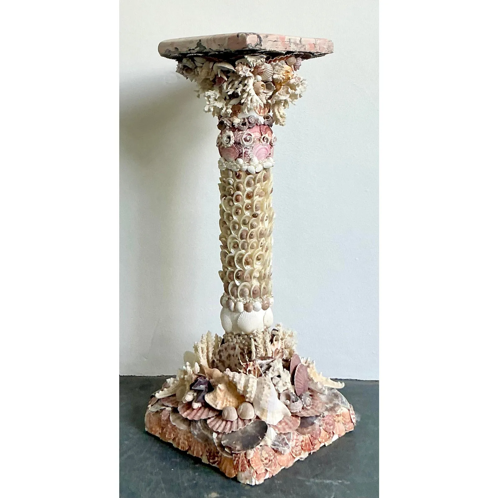 Vintage Coastal Shell Encrusted Pedestal With Scagliola Top — additional photo 1
