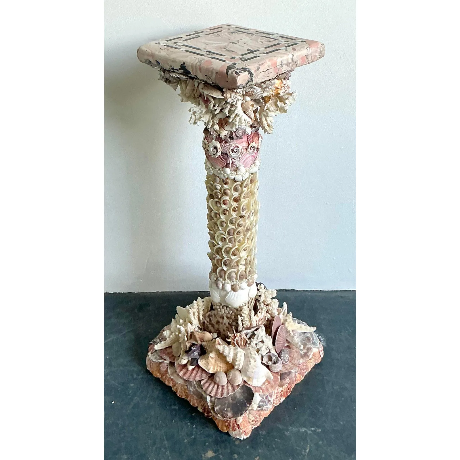 Vintage Coastal Shell Encrusted Pedestal With Scagliola Top — additional photo 5