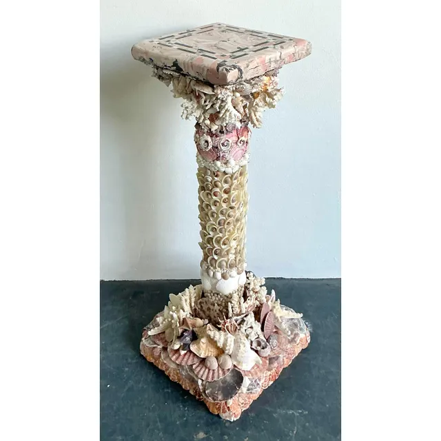 Vintage Coastal Shell Encrusted Pedestal With Scagliola Top — additional photo 5