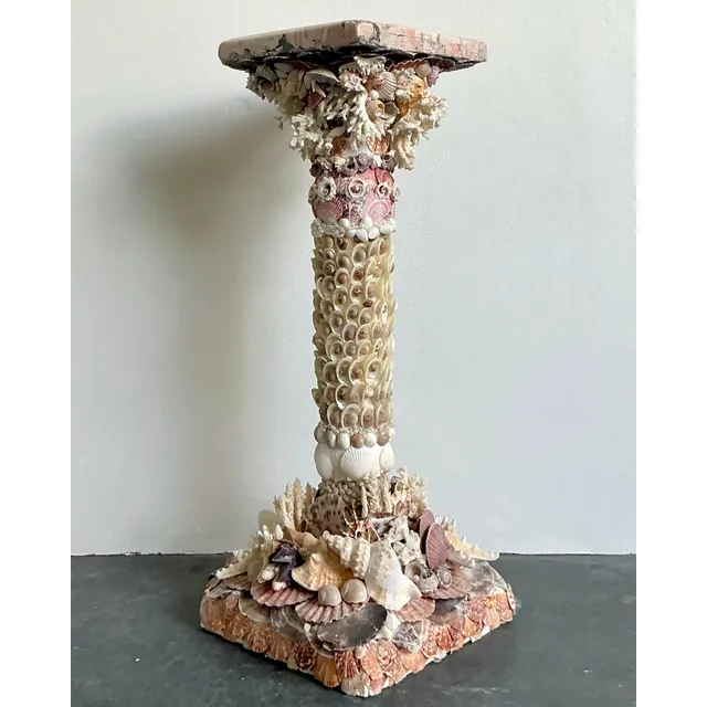 Vintage Coastal Shell Encrusted Pedestal With Scagliola Top — additional photo 2