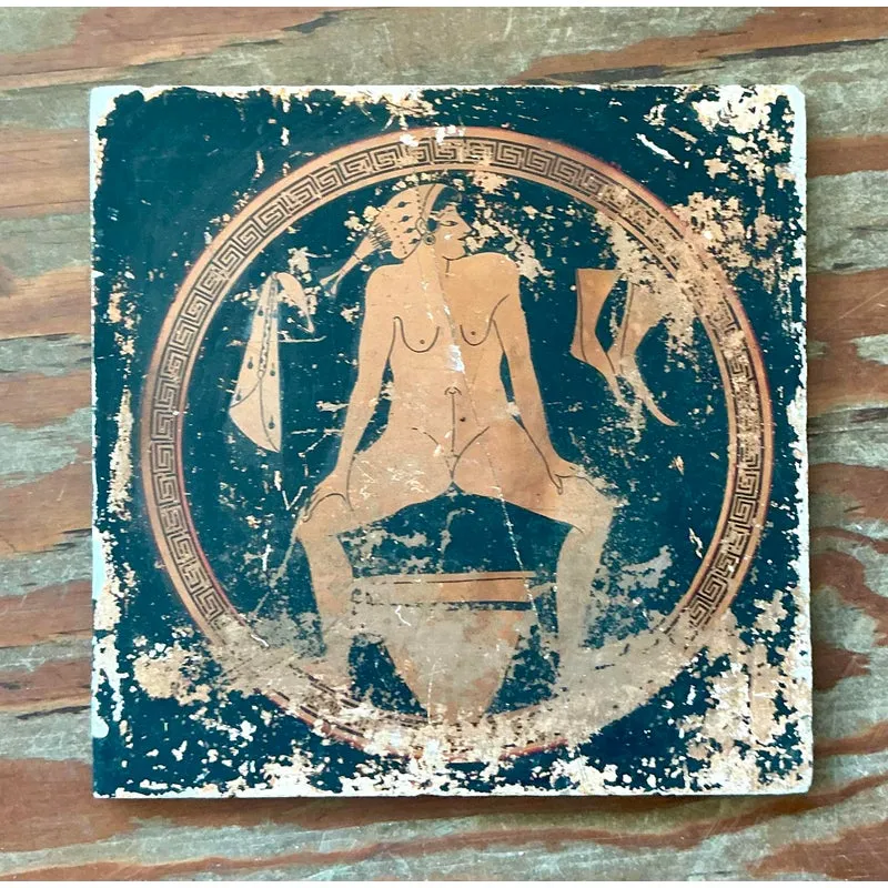 Vintage Neoclassical Greek Erotic Art Distressed Plaster Panel - Wood, 14.25W x 14.25H — additional photo 2
