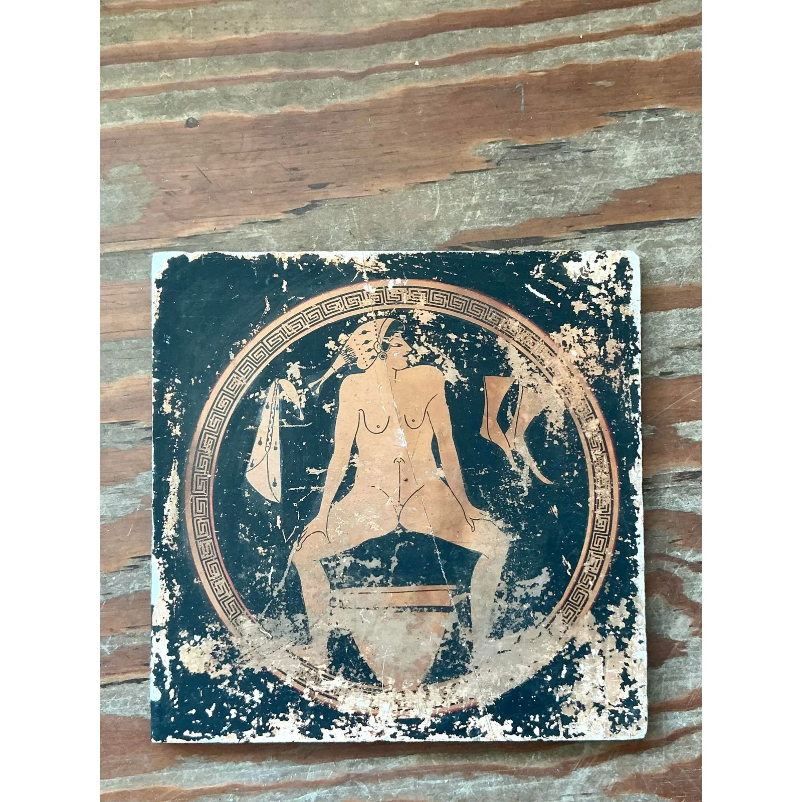 Vintage Neoclassical Greek Erotic Art Distressed Plaster Panel - Wood, 14.25W x 14.25H — additional photo 5
