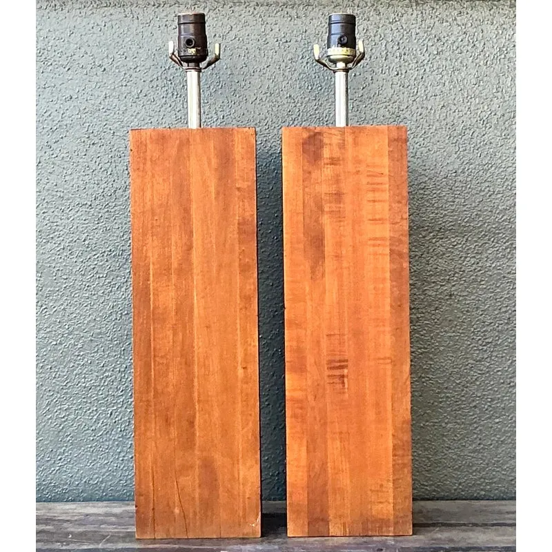 Vintage Boho Wood Block Lamps - A Pair — additional photo 2